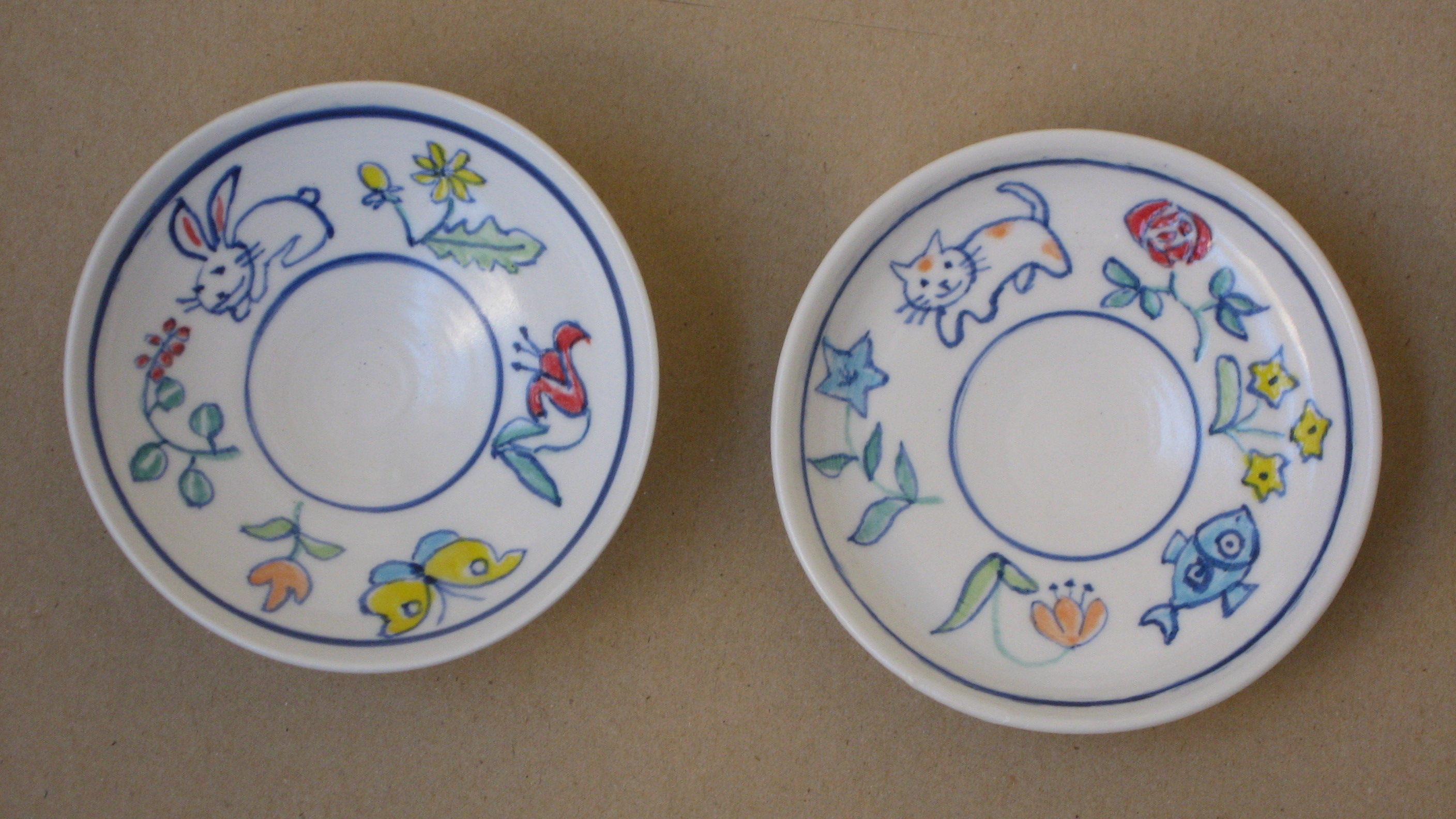 陶芸作品6 6 2 イラスト皿 小皿 動物と花２組 売却済み ハイムーン工房